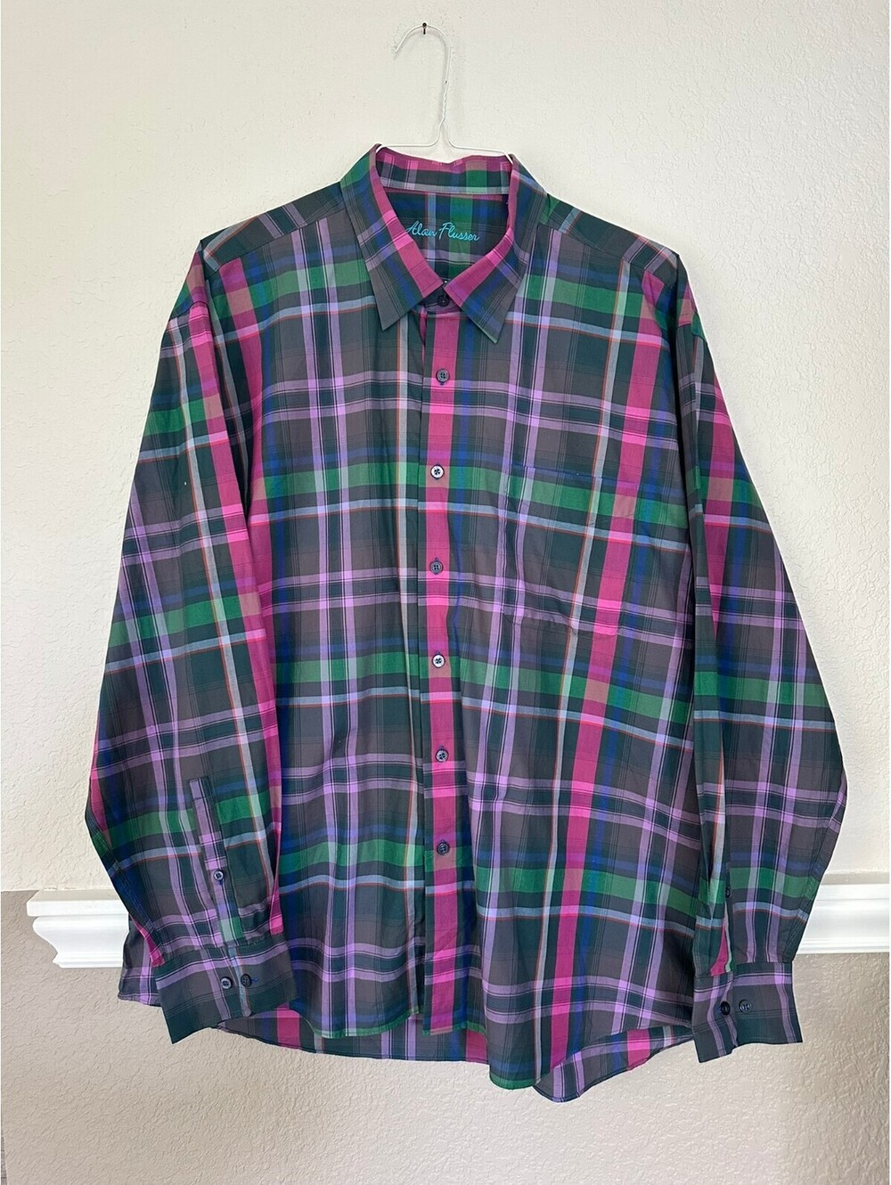 Alan Flusser Mens XXL Long Sleeve Button Up Shirt Plaid Pink Green Purple Cotton